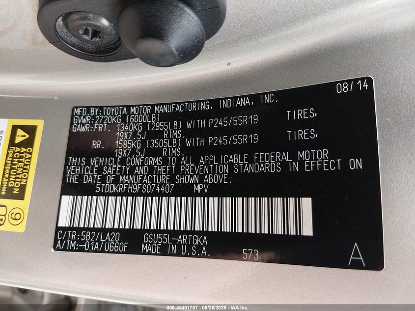 2015 Toyota Highlander VIN 5TDDKRFH9FS074407 IAAI salvage auction — LEFT SIDE, Salvage Title, sold $7,100 on 2026-08-22 (photo 9)