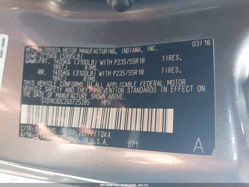 2016 Toyota Sienna VIN 5TDYK3DC2GS725285 IAAI salvage auction — LEFT SIDE, Salvage (North Carolina), sold $4,550 on 2026-07-29 (photo 9)