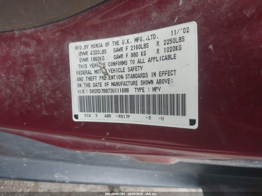2003 Honda Cr-v VIN SHSRD78873U111688 IAAI salvage auction — NORMAL WEAR, Original (Vermont), sold $350 on 2026-07-23 (photo 9)