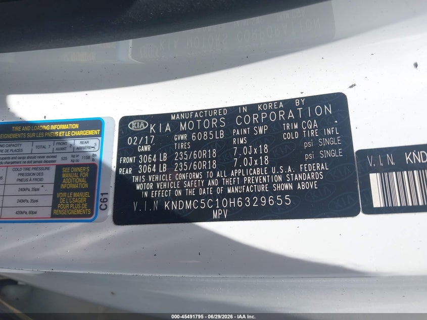 2017 Kia SEDONA VIN KNDMC5C10H6329655 IAAI salvage auction — ENGINE BURN, Parts Only (Arkansas), sold $100 on 2026-07-29 (photo 9)