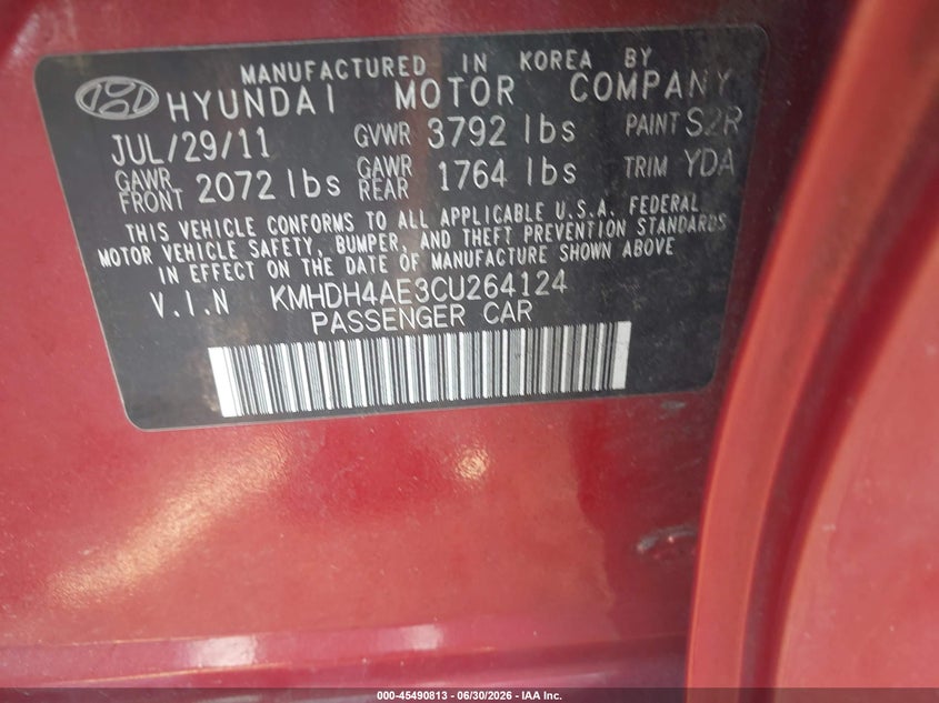 2012 Hyundai Elantra VIN KMHDH4AE3CU264124 IAAI salvage auction — REAR END, Mv-907A (New York), sold $775 on 2026-07-14 (photo 9)