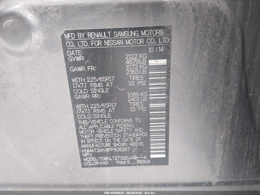 2015 Nissan Rogue VIN KNMAT2MV8FP506267 IAAI salvage auction — NORMAL WEAR, Clear (Pennsylvania), sold $325 on 2026-07-22 (photo 9)