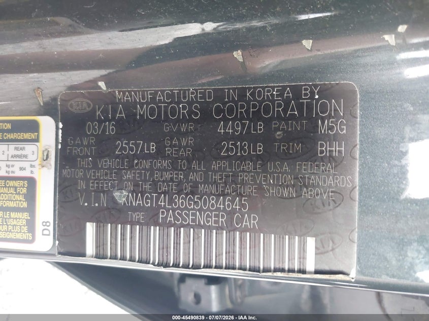 2016 Kia Optima VIN KNAGT4L36G5084645 IAAI salvage auction — FRONT END, Salvage (Ohio), sold $1,225 on 2026-07-20 (photo 9)