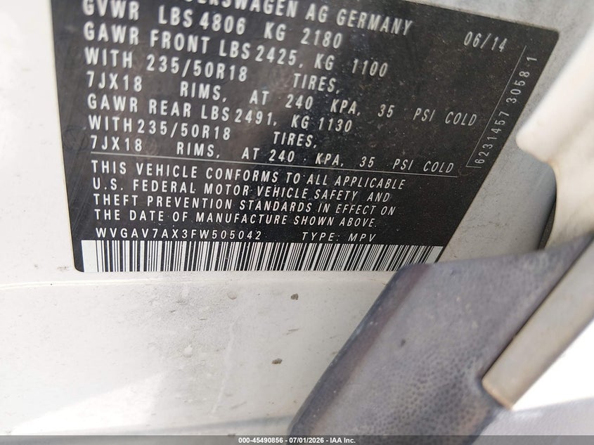 2015 Volkswagen Tiguan VIN WVGAV7AX3FW505042 IAAI salvage auction — NORMAL WEAR, Original (Texas), sold $1,400 on 2026-07-29 (photo 9)