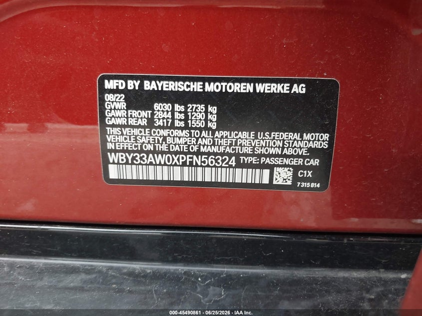 2023 BMW I4 VIN WBY33AW0XPFN56324 IAAI salvage auction — FRONT END, Salvage Title, sold $10,800 on 2026-07-16 (photo 9)