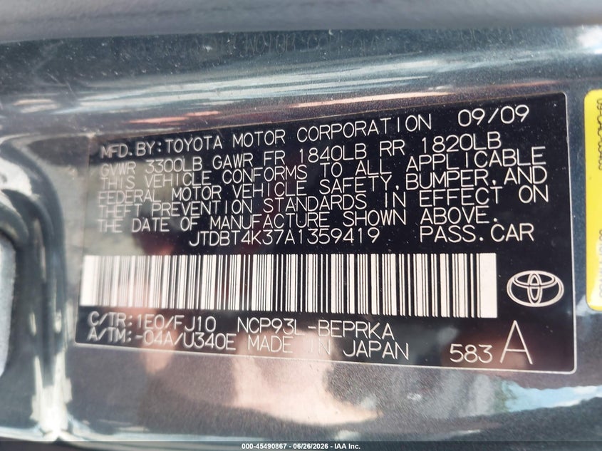 2010 Toyota Yaris VIN JTDBT4K37A1359419 IAAI salvage auction — NORMAL WEAR, Clear (New York), sold $1,250 on 2026-07-14 (photo 9)