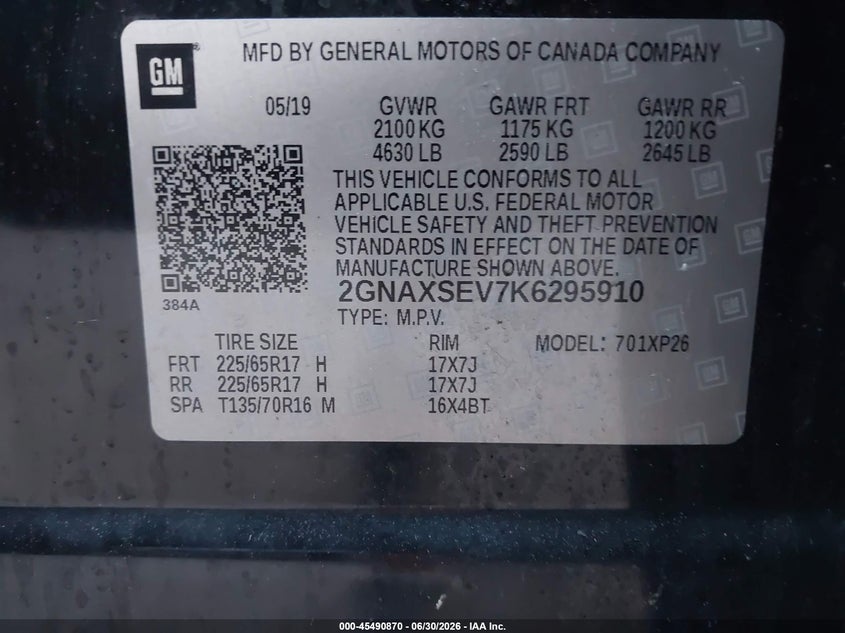 2019 Chevrolet Equinox VIN 2GNAXSEV7K6295910 IAAI salvage auction — FRONT & REAR, Salvage Title, sold $2,550 on 2026-07-25 (photo 9)