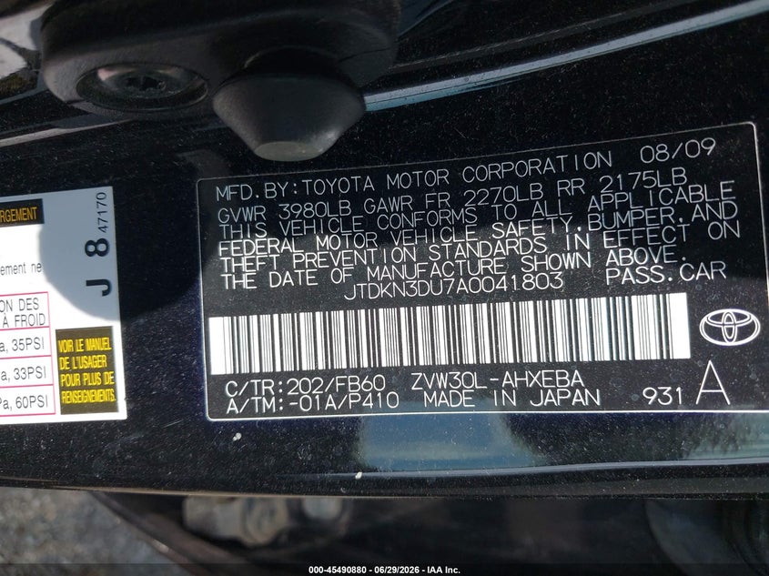 2010 Toyota Prius VIN JTDKN3DU7A0041803 IAAI salvage auction — LEFT SIDE, Clear (Indiana), sold $700 on 2026-07-29 (photo 9)