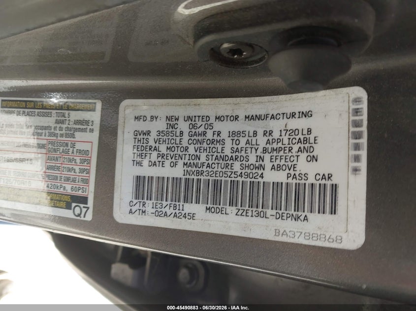 2005 Toyota Corolla VIN 1NXBR32E05Z549024 IAAI salvage auction — NORMAL WEAR, Clear - Dealer Only (California), sold $825 on 2026-07-09 (photo 9)