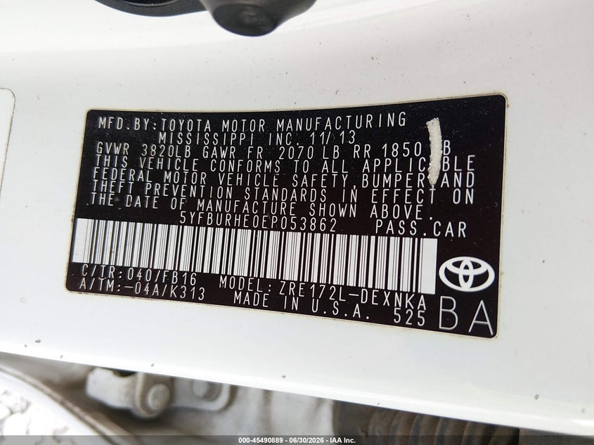 2014 Toyota Corolla VIN 5YFBURHE0EP053862 IAAI salvage auction — SIDE, Salvage (Alabama), sold $1,900 on 2026-07-16 (photo 9)