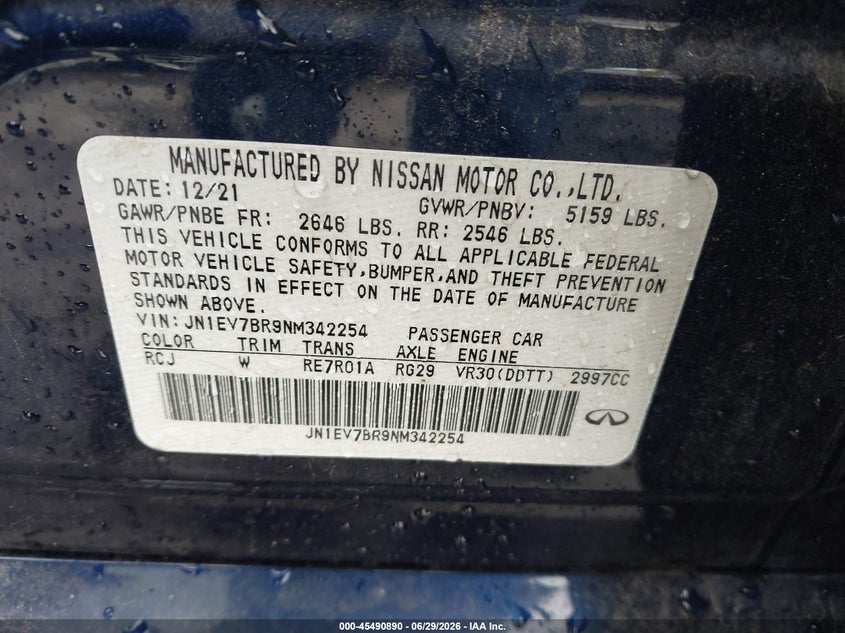 2022 Infiniti Q50 VIN JN1EV7BR9NM342254 IAAI salvage auction — FRONT END, Salvage - Greater Than 75% (Maryland), sold $3,250 on 2026-07-30 (photo 9)