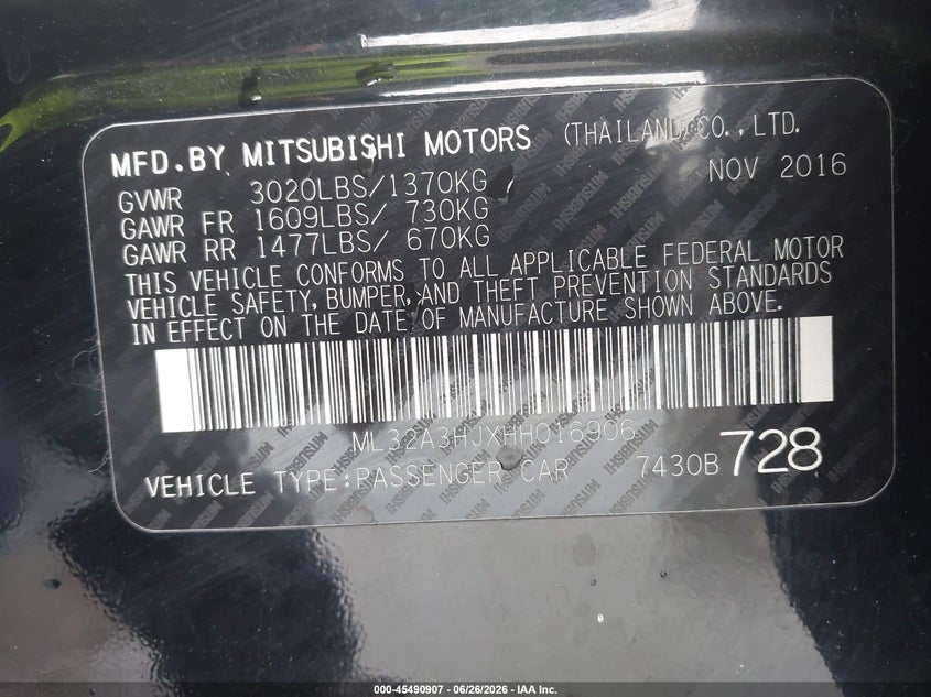 2017 Mitsubishi Mirage VIN ML32A3HJXHH016906 IAAI salvage auction — LEFT FRONT, Salvage (North Carolina), sold $425 on 2026-07-27 (photo 9)