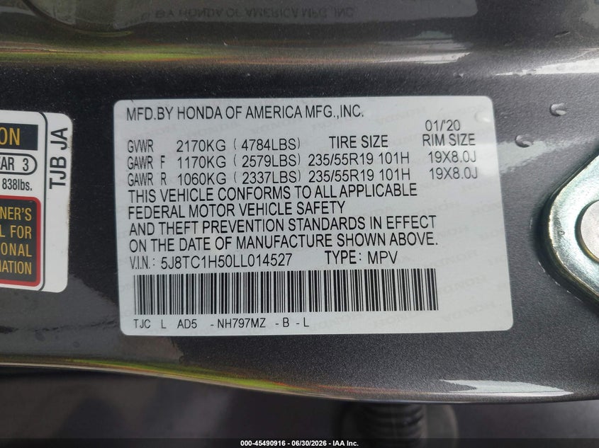 2020 Acura Rdx VIN 5J8TC1H50LL014527 IAAI salvage auction — LEFT SIDE, Salvage (California), sold $8,400 on 2026-07-29 (photo 9)