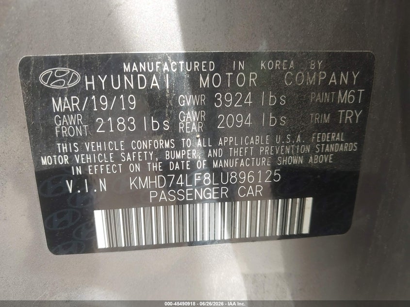 2020 Hyundai Elantra VIN KMHD74LF8LU896125 IAAI salvage auction — FRONT END, Salvage (Pennsylvania), sold $2,200 on 2026-07-14 (photo 9)