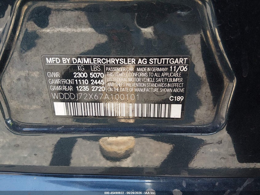 2007 Mercedes-benz Cls-class VIN WDDDJ72X67A100101 IAAI salvage auction — REAR END, Salvage (Nevada), sold $175 on 2026-07-17 (photo 9)