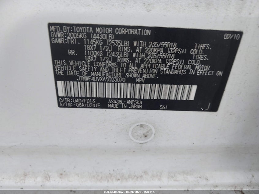 2010 Toyota Rav 4 VIN JTMWF4DVXA5023070 IAAI salvage auction — NORMAL WEAR, Clear (Kansas), sold $1,225 on 2026-07-29 (photo 9)