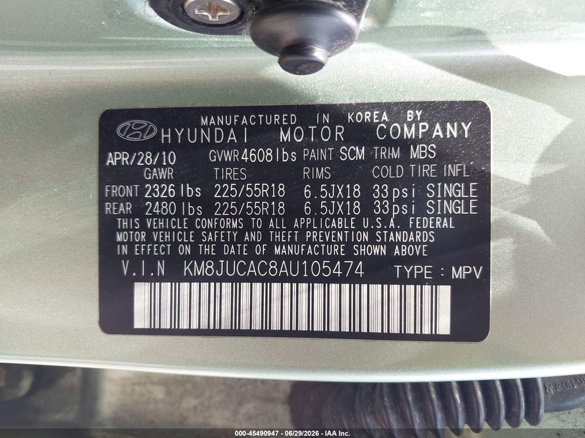 2010 Hyundai Tucson VIN KM8JUCAC8AU105474 IAAI salvage auction — SIDE, Salvage (Pennsylvania), sold $1,750 on 2026-07-08 (photo 9)