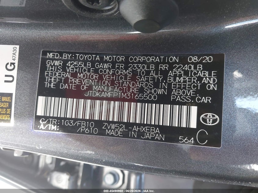 2021 Toyota Prius VIN JTDKAMFP1M3165500 IAAI salvage auction — FRONT END, Salvage (California), sold $6,900 on 2026-07-17 (photo 9)
