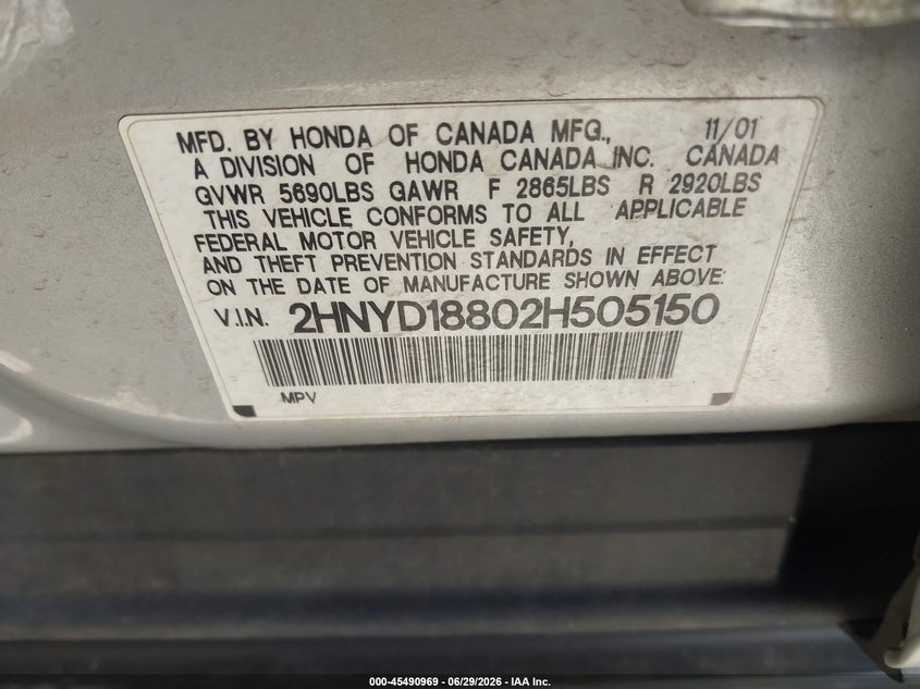 2002 Acura Mdx VIN 2HNYD18802H505150 IAAI salvage auction — REAR END, Salvage (Illinois), sold $300 on 2026-07-31 (photo 9)