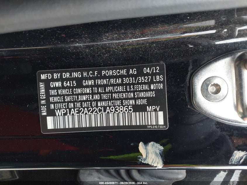 2012 Porsche Cayenne VIN WP1AE2A22CLA93865 IAAI salvage auction — NORMAL WEAR, Clear (Washington), sold $1,450 on 2026-07-29 (photo 9)