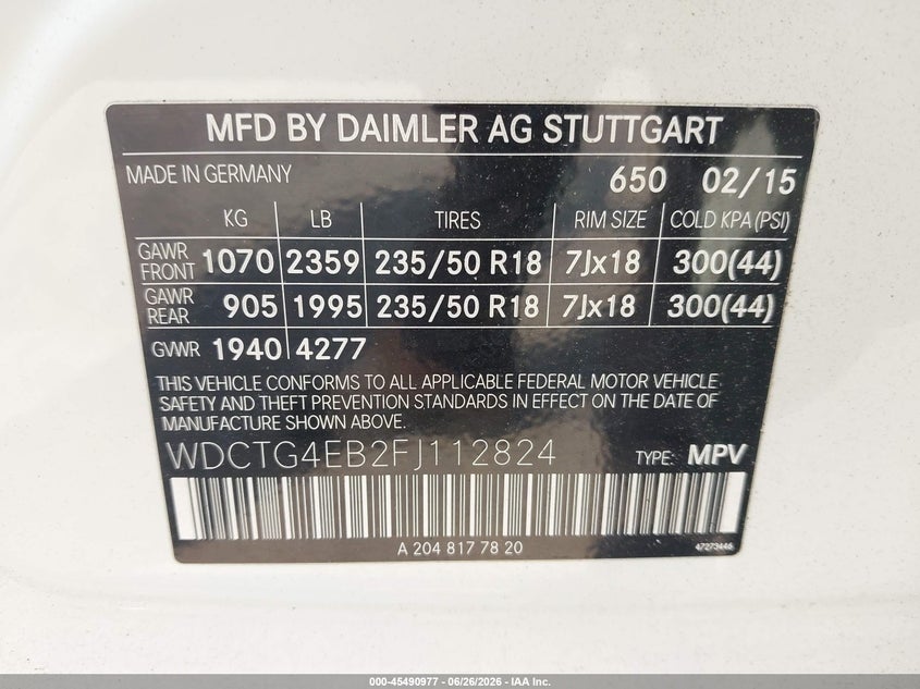2015 Mercedes-benz Gla-klasse VIN WDCTG4EB2FJ112824 IAAI salvage auction — FRONT END, Salvage (Georgia), sold $3,675 on 2026-08-06 (photo 9)
