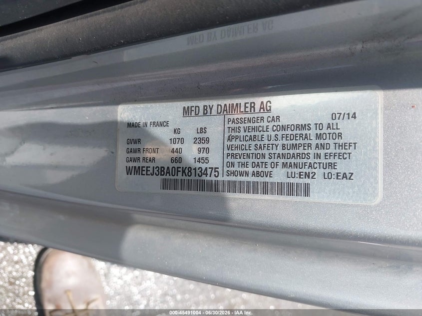 2015 Smart Fortwo VIN WMEEJ3BA0FK813475 IAAI salvage auction — FRONT END, Salvage (North Carolina), sold $1,200 on 2026-07-20 (photo 9)