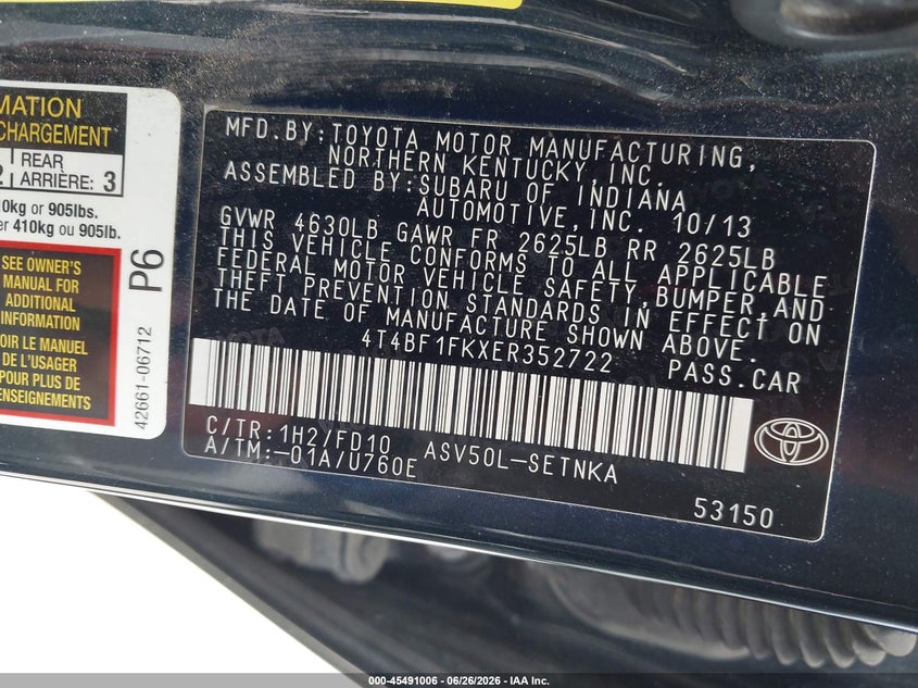 2014 Toyota Camry VIN 4T4BF1FKXER352722 IAAI salvage auction — FRONT END, Salvage (Texas), sold $975 on 2026-07-17 (photo 9)
