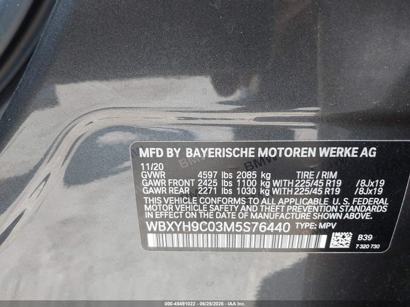 2021 BMW X2 VIN WBXYH9C03M5S76440 IAAI salvage auction — LEFT FRONT, Salvage Title, sold $8,375 on 2026-07-22 (photo 9)