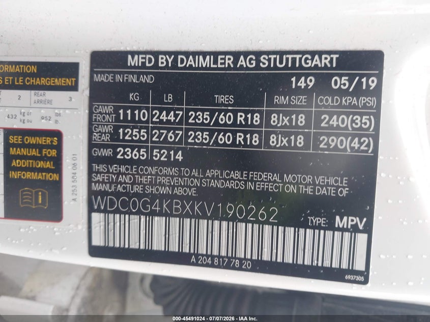 2019 Mercedes-benz Glc VIN WDC0G4KBXKV190262 IAAI salvage auction — FRONT END, Salvage Title, sold $9,400 on 2026-08-14 (photo 9)