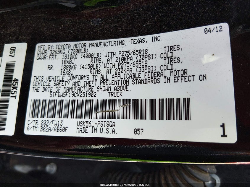 2012 Toyota Tundra VIN 5TFDW5F19CX251902 IAAI salvage auction — FRONT END, Salvage (Mississippi), sold $5,700 on 2026-08-02 (photo 9)