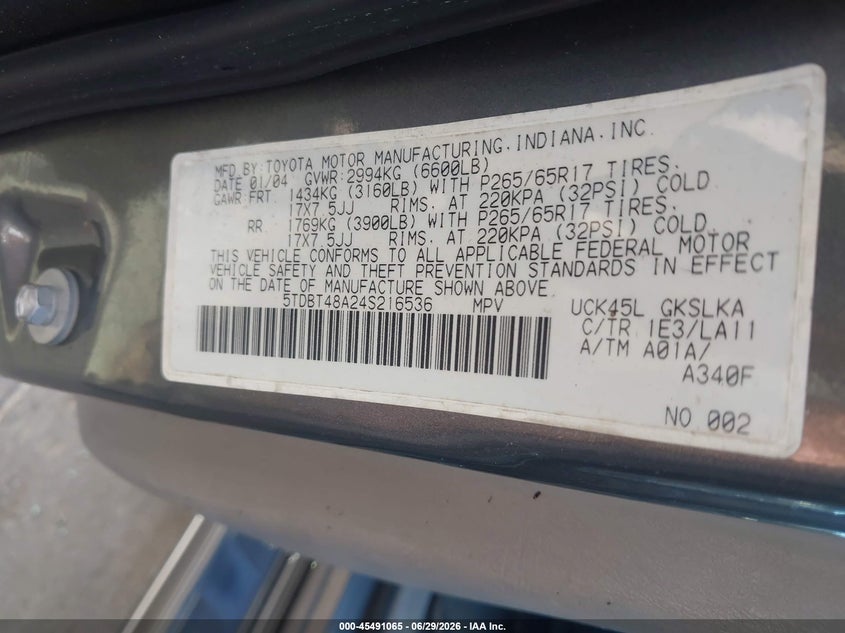2004 Toyota Sequoia VIN 5TDBT48A24S216536 IAAI salvage auction — NORMAL WEAR, Clear-Dealer Only (North Carolina), sold $1,550 on 2026-07-13 (photo 9)