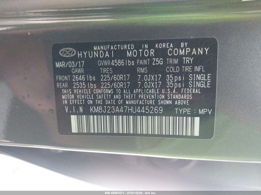 2017 Hyundai Tucson VIN KM8J23A47HU445269 IAAI salvage auction — FRONT END, Clear (Wisconsin), sold $2,900 on 2026-07-30 (photo 9)