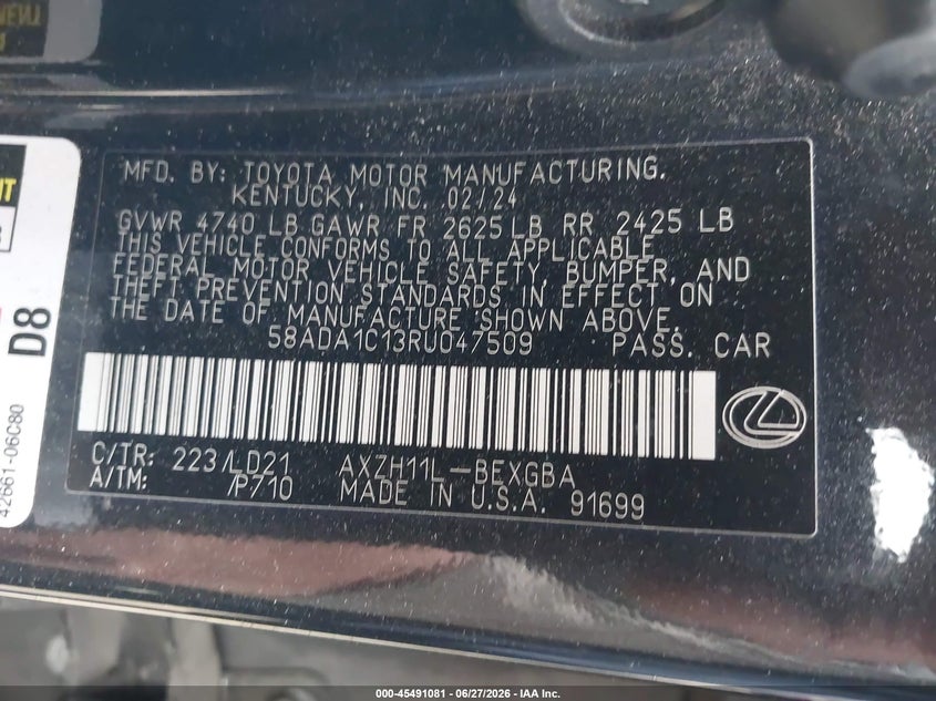 2024 Lexus ES VIN 58ADA1C13RU047509 IAAI salvage auction — LEFT REAR, Wait Title, sold $7,350 on 2026-10-14 (photo 9)