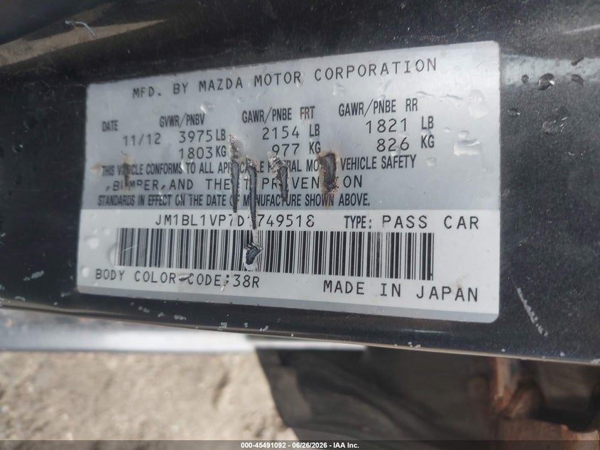 2013 Mazda VIN JM1BL1VP7D1749518 IAAI salvage auction — NORMAL WEAR, Original (Vermont), sold $400 on 2026-07-16 (photo 9)