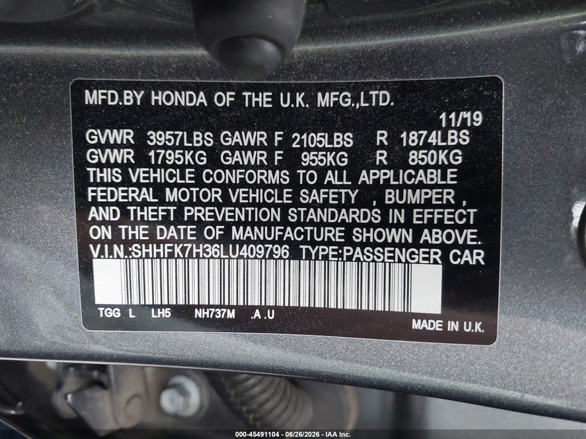 2020 Honda Civic VIN SHHFK7H36LU409796 IAAI salvage auction — RIGHT SIDE, Salvage Certificate (California), sold $4,550 on 2026-07-26 (photo 9)