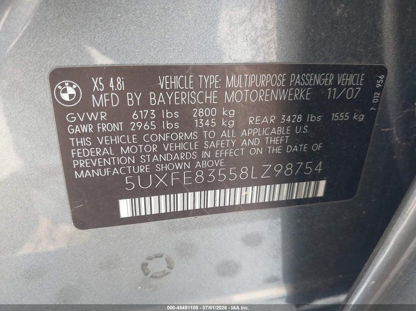 2008 BMW X5 VIN 5UXFE83558LZ98754 IAAI salvage auction — NORMAL WEAR, Clear - Dealer Only (California), sold $450 on 2026-07-22 (photo 9)