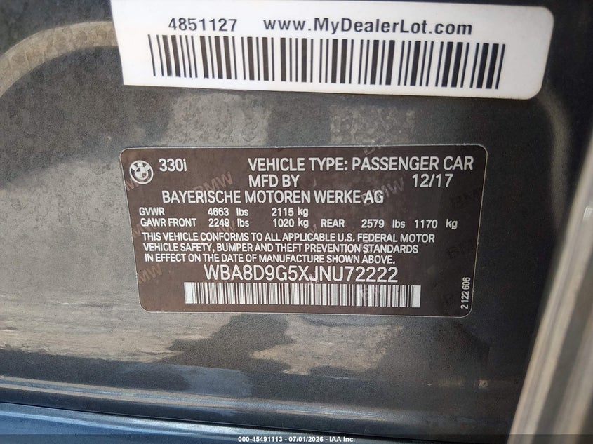 2018 BMW VIN WBA8D9G5XJNU72222 IAAI salvage auction — RIGHT FRONT, Salvage Title, sold $6,200 on 2026-07-18 (photo 9)