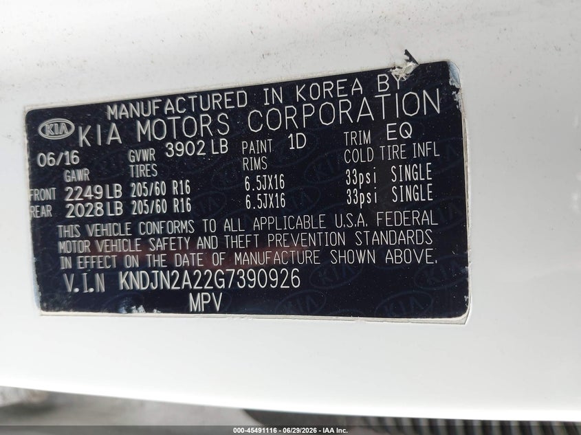 2016 Kia Soul VIN KNDJN2A22G7390926 IAAI salvage auction — RIGHT REAR, Salvage Certificate (California), sold $25 on 2026-07-22 (photo 9)