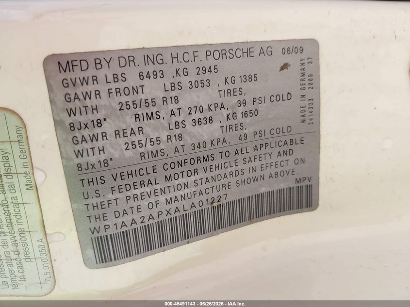 2010 Porsche Cayenne VIN WP1AA2APXALA01227 IAAI salvage auction — NORMAL WEAR, Clear (Alabama), sold $675 on 2026-07-20 (photo 9)