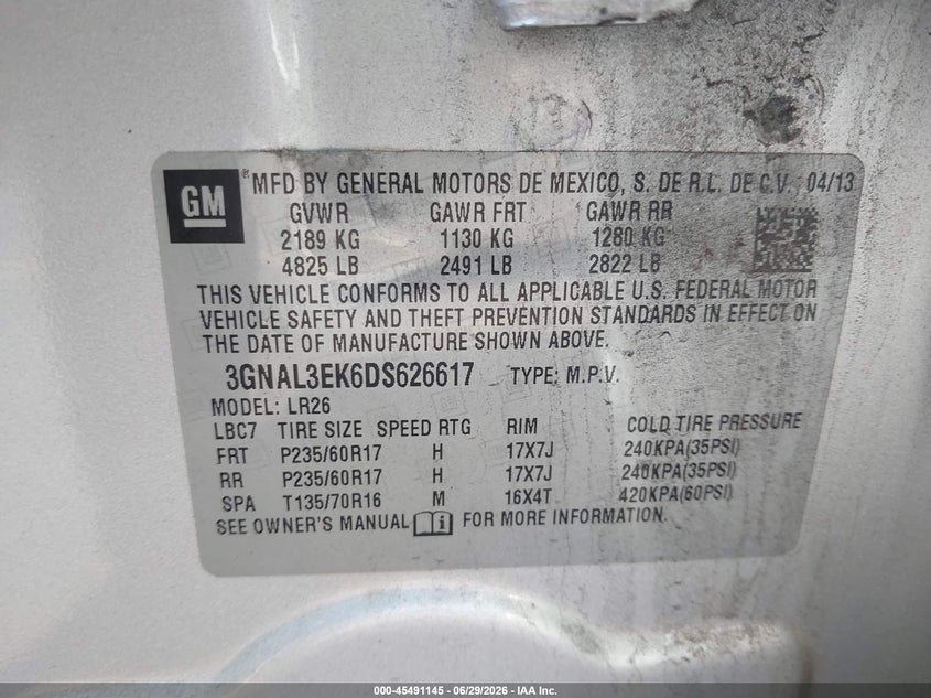 2013 Chevrolet Captiva sport VIN 3GNAL3EK6DS626617 IAAI salvage auction — NORMAL WEAR, Clear (North Carolina), sold $675 on 2026-07-09 (photo 9)
