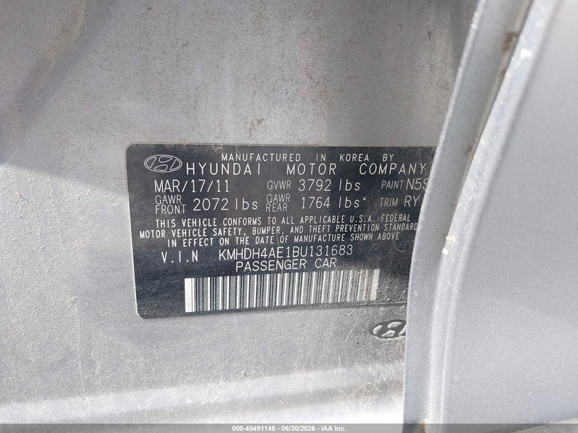 2011 Hyundai Elantra VIN KMHDH4AE1BU131683 IAAI salvage auction — NORMAL WEAR, Clear (Missouri), sold $200 on 2026-07-27 (photo 9)