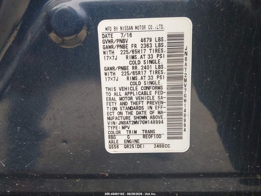 2016 Nissan Rogue VIN JN8AT2MV7GW148994 IAAI salvage auction — FRONT END, Salvage (Ohio), sold $1,350 on 2026-07-29 (photo 9)