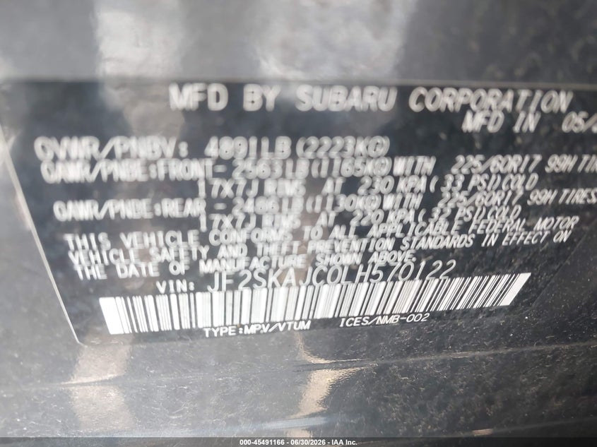2020 Subaru Forester VIN JF2SKAJC0LH570122 IAAI salvage auction — REAR END, Salvage Title, sold $6,000 on 2026-07-28 (photo 9)