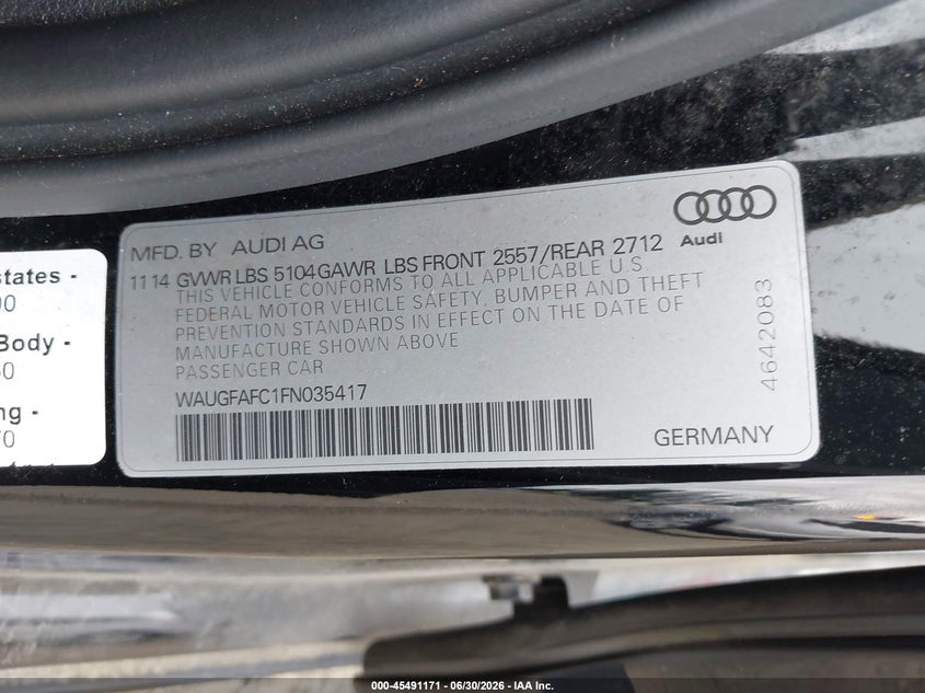 2015 Audi A6 VIN WAUGFAFC1FN035417 IAAI salvage auction — FRONT END, Bill Of Sale (Washington), sold $1,100 on 2026-07-29 (photo 9)