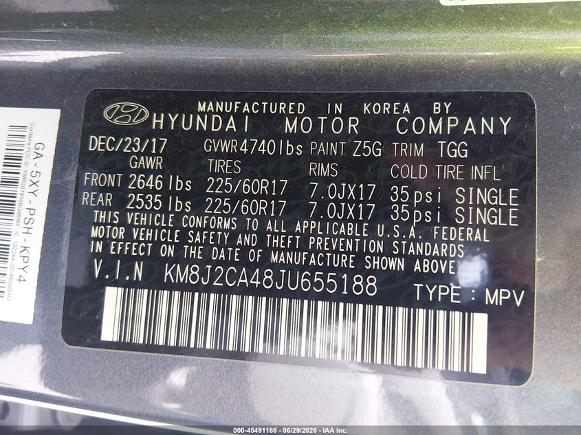 2018 Hyundai Tucson VIN KM8J2CA48JU655188 IAAI salvage auction — NORMAL WEAR, Sf97 (Louisiana), sold $10,000 on 2026-08-03 (photo 9)