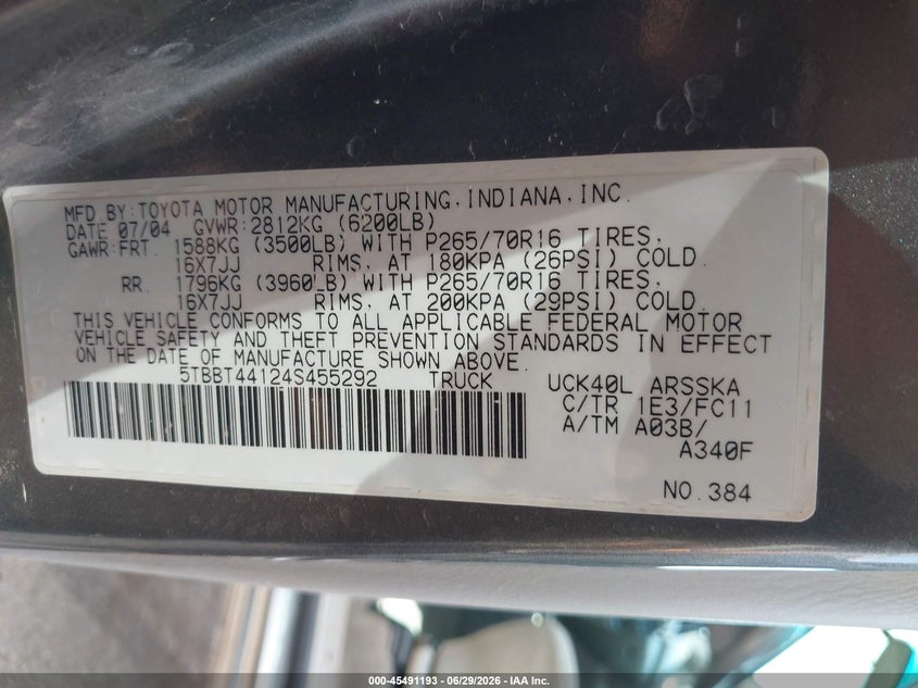 2004 Toyota Tundra VIN 5TBBT44124S455292 IAAI salvage auction — UNKNOWN, Salvage (Arizona), sold $2,200 on 2026-07-18 (photo 9)