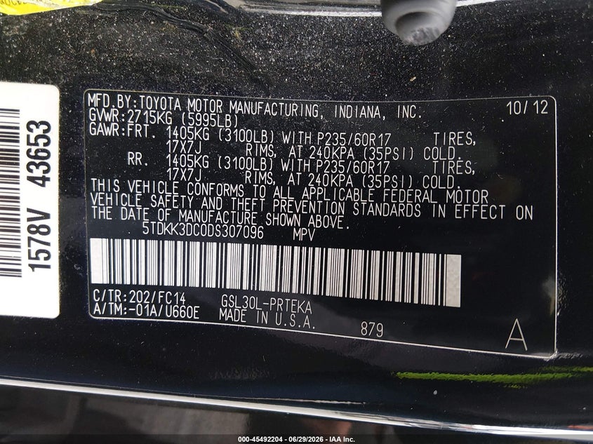 2013 Toyota Sienna VIN 5TDKK3DC0DS307096 IAAI salvage auction — FRONT & REAR, Bill Of Sale (Washington), sold $1,250 on 2026-07-22 (photo 9)