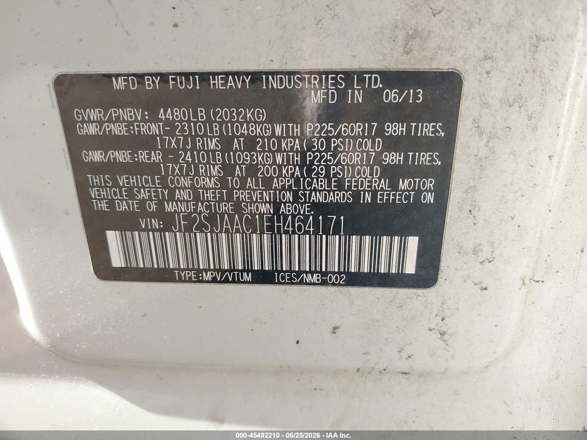 2014 Subaru Forester VIN JF2SJAAC1EH464171 IAAI salvage auction — NORMAL WEAR, Clear (New York), sold $500 on 2026-07-28 (photo 9)