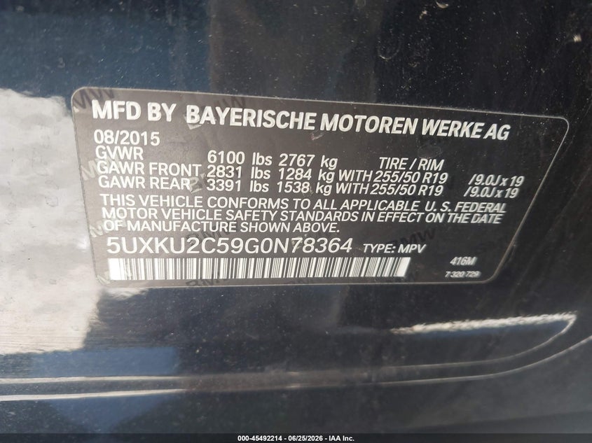 2016 BMW X6 VIN 5UXKU2C59G0N78364 IAAI salvage auction — NORMAL WEAR, Clear - Dealer Only (California), sold $7,500 on 2026-07-30 (photo 9)