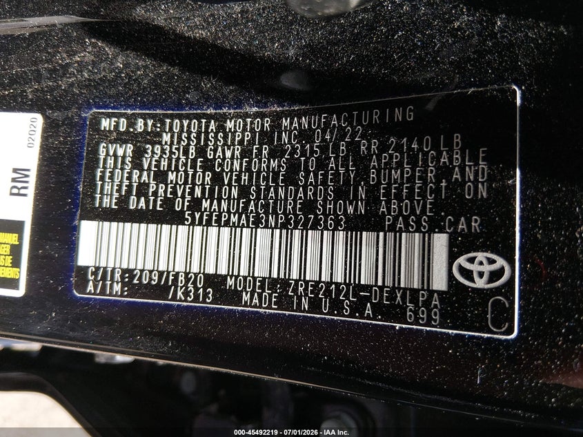 2022 Toyota Corolla VIN 5YFEPMAE3NP327363 IAAI salvage auction — SIDE, Salvage (Ohio), sold $125 on 2026-07-28 (photo 9)